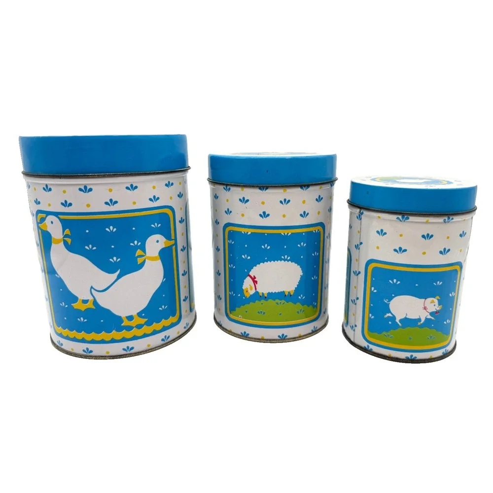 W.A. Vintage 1984 Country Farm Animals Nesting Tin Canister Set Blue 3 Piece